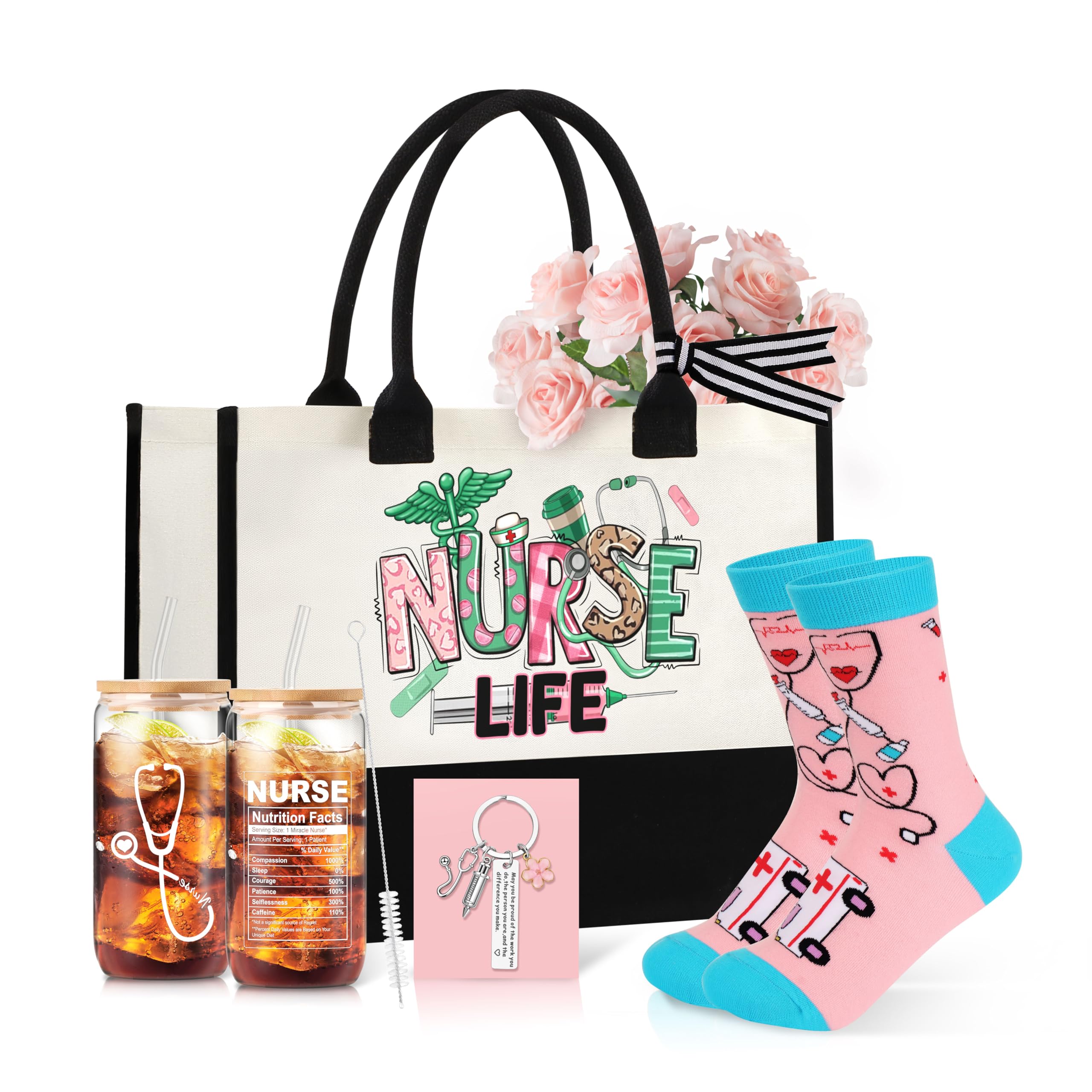 Nurse Gifts for Women Nurse Appreciation Gifts Set Nurses Week Gifts Set Nurse Graduation Gifts Nurse Christmas Gifts Nurse Gift Box for Women Nurse Canvas Beach Bag Socks Keychain 16 Oz Can Glass