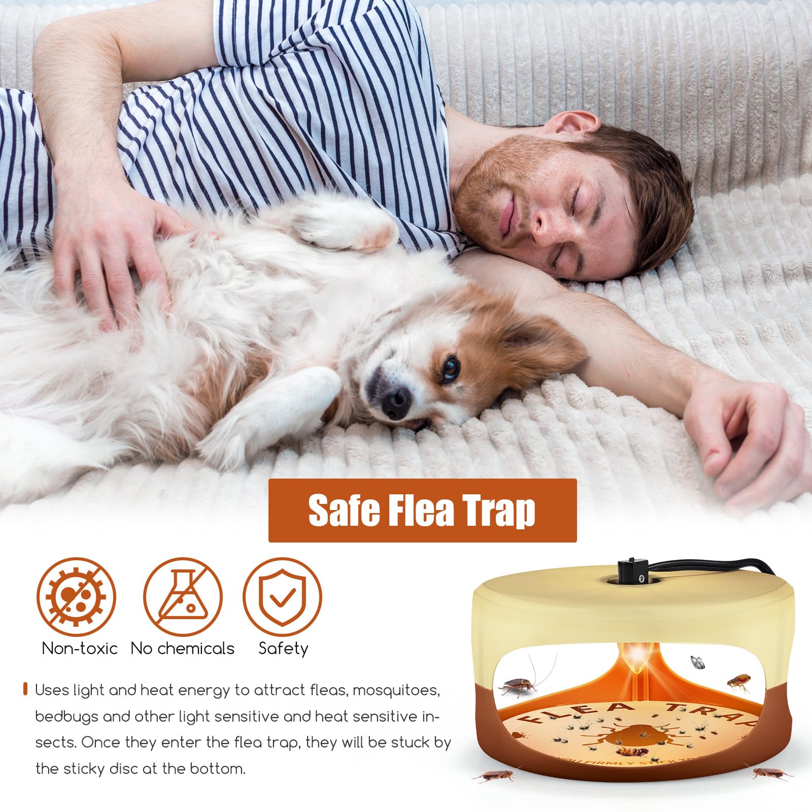 2Pcs Flea Traps for Inside Your Home Flea Bombs for Home Flea Trap Indoor with 4 Sticky Disc&6 LED Bulbs&2 Electric Wires Pet&Kid Safe,Odorless Flea Catcher Sticky Bed Bug Trap for Home (Yellow)