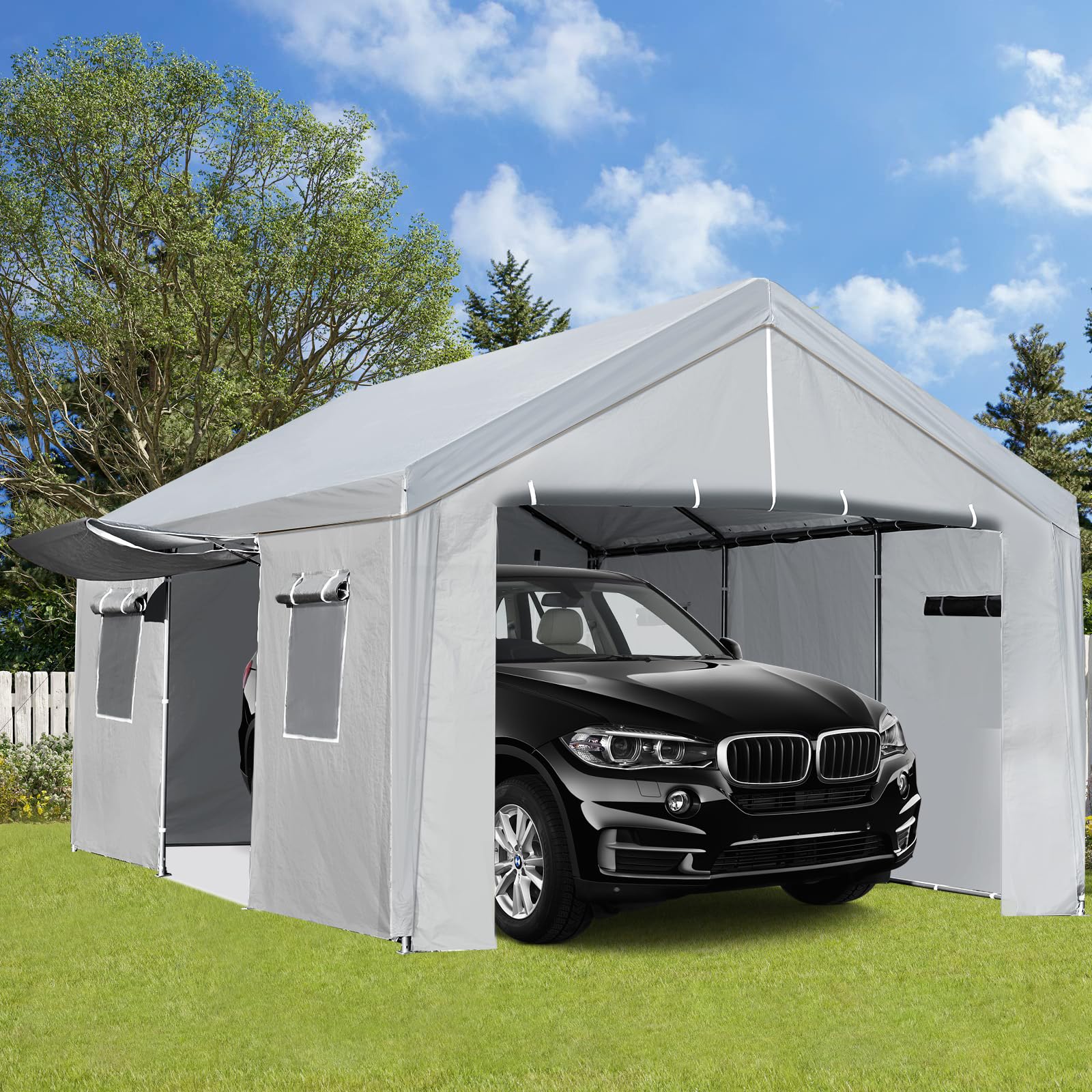 ACONEE Carport 10×20 FT Portable Garage, Heavy Duty Garage Car Port Canopy with Roll-up Doors & Removable Sidewalls, Garage Boat Shelter Tent, 180g PE Waterproof Canopy for Pickup Truck, Grey