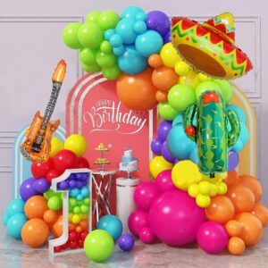 Mexican Fiesta Party Decorations 134 PCS Fiesta Balloon Garland Arch Kit Cactus Sombrero Guitar Balloons for Taco Twosday Birthday Decorations Baby Shower Carnival Cinco De Mayo Party Supplies