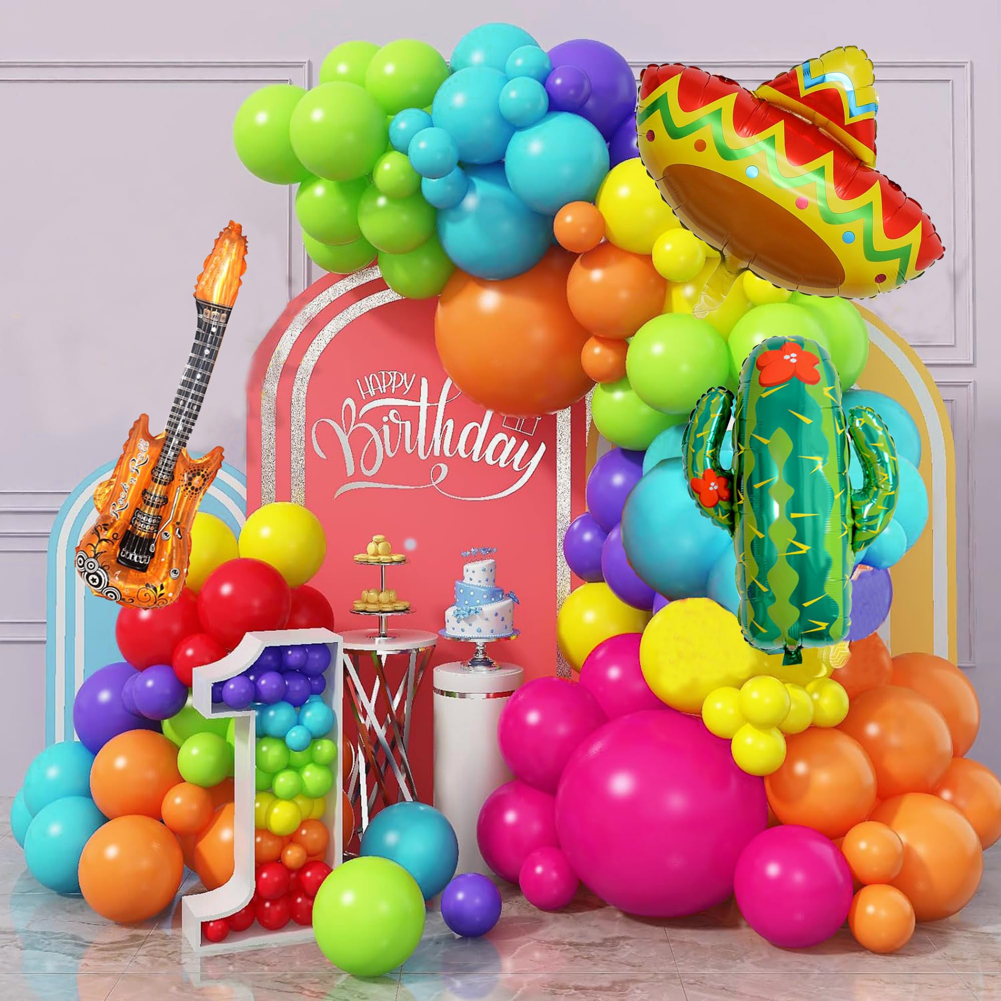 Mexican Fiesta Party Decorations 134 PCS Fiesta Balloon Garland Arch Kit Cactus Sombrero Guitar Balloons for Taco Twosday Birthday Decorations Baby Shower Carnival Cinco De Mayo Party Supplies