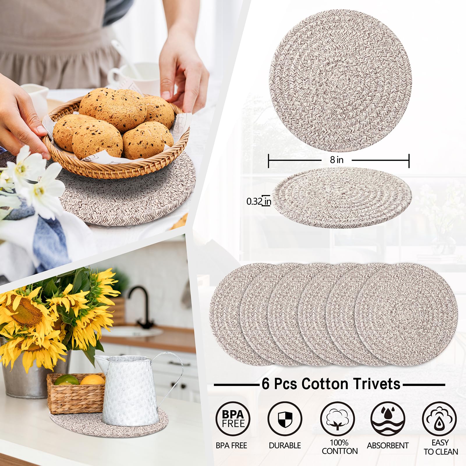 Coga 8" Trivets for Hot Dishes, Hot pots and Pans, 6 Pack Heat Resistant Hot Pads, Pot Holders for Kitchen, Hot Plate Mats for Table and Countertops, Farmhouse Decor Home Kitchen Essentials, Brown