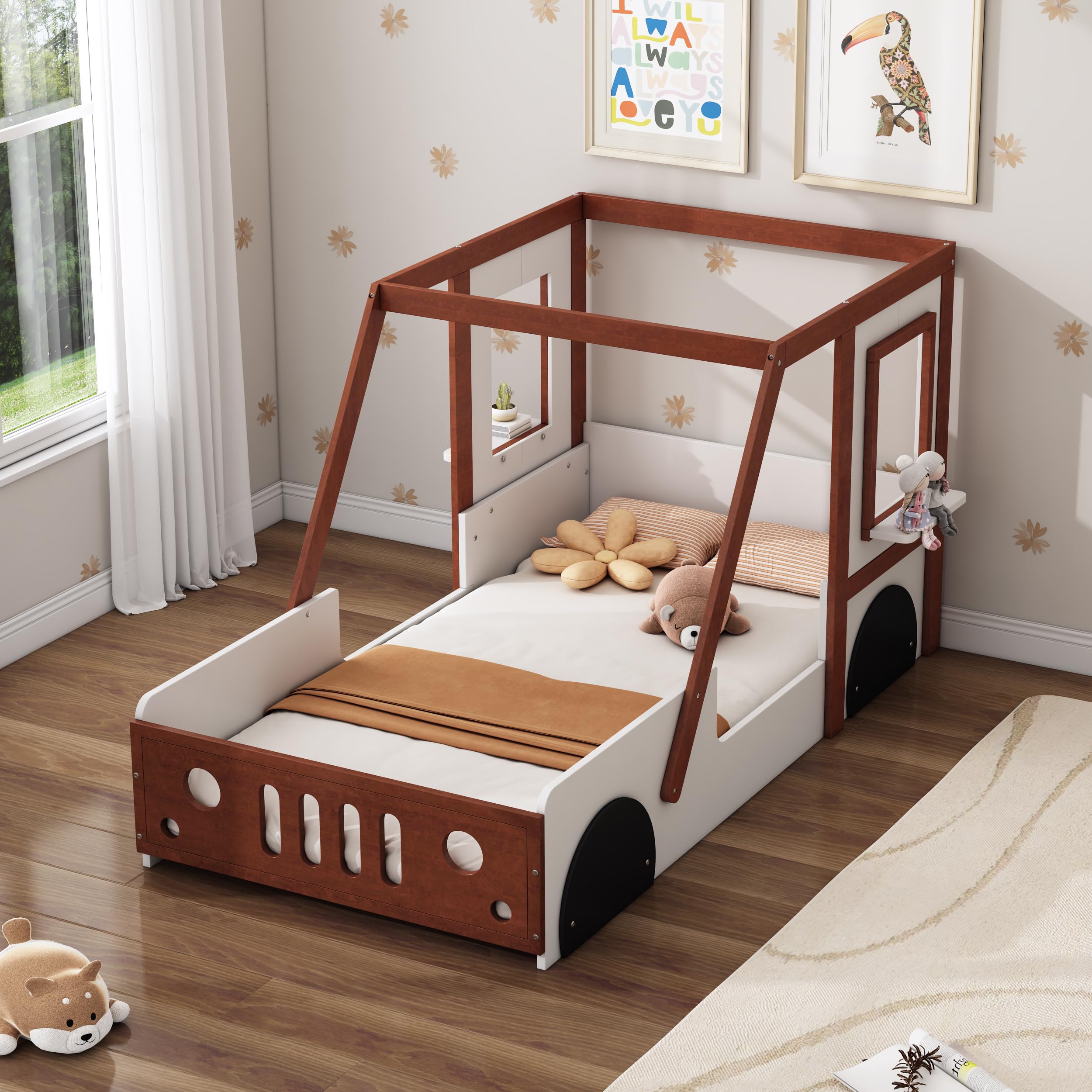 CABSETT Twin Size Car Bed Frame, Kids Platform Bed in Car-Shaped with Wheels and Door Design, Fun Play Twin Bed for Boys Girls Teens, No Box Spring Needed, White+Orange