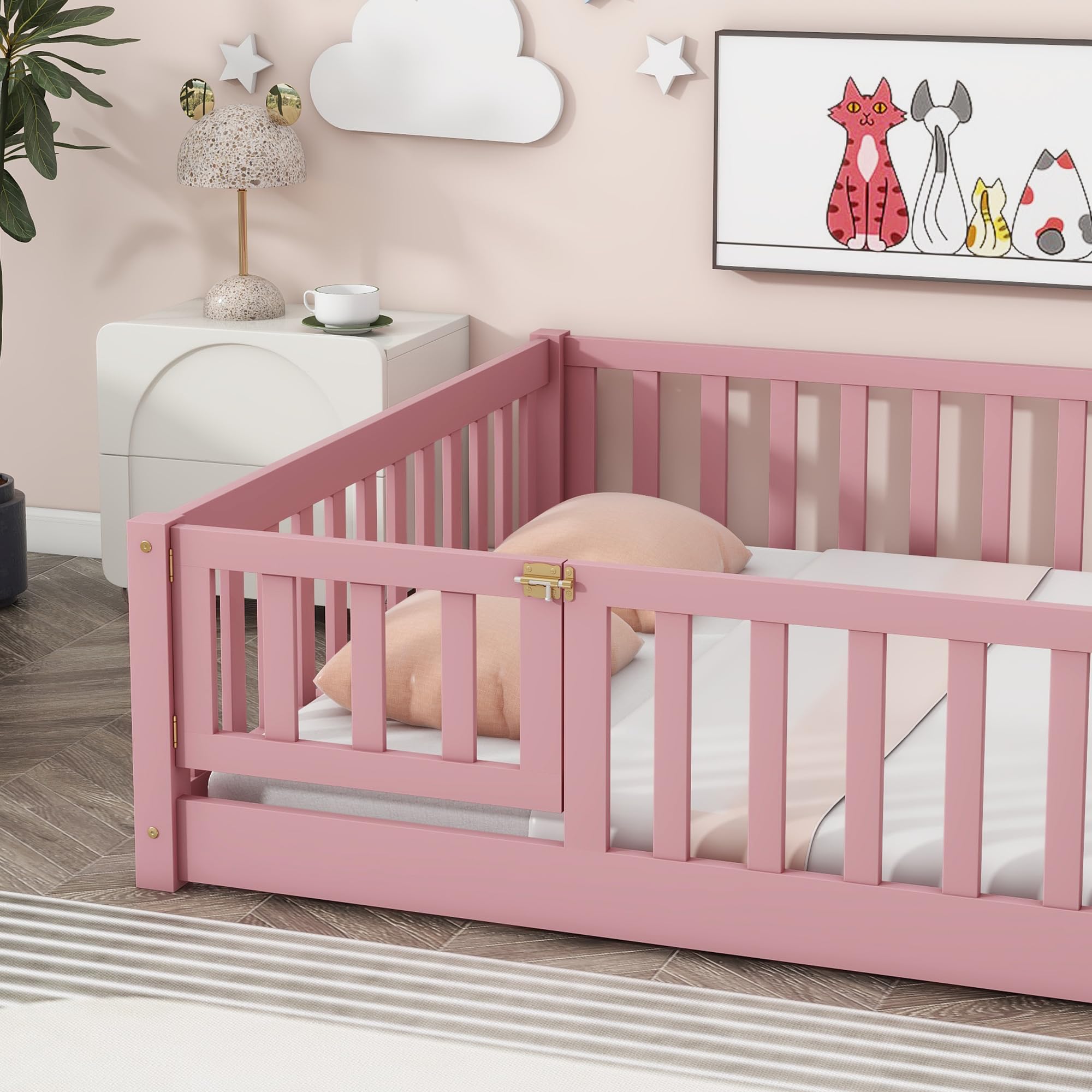 Harper & Bright Designs Full Size Floor Bed Montessori Bed Frame with Fence and Door, Wooden Full Platform Bed for Kids, Boys Girls, Slats Included, No Box Spring Needed (Full, Pink)