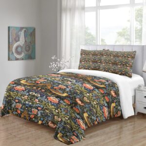 LITINGZHILONG William Morris Floral Bed 3 Piece Set, Vintage Flower Strawberry Bird Vintage Bohemian Plant Vintage Theme Bed Cover, 2 Pillowcases 1 Duvet Cover Bedding Bohemia Queen