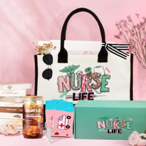 Nurse Gifts for Women Nurse Appreciation Gifts Set Nurses Week Gifts Set Nurse Graduation Gifts Nurse Christmas Gifts Nurse Gift Box for Women Nurse Canvas Beach Bag Socks Keychain 16 Oz Can Glass