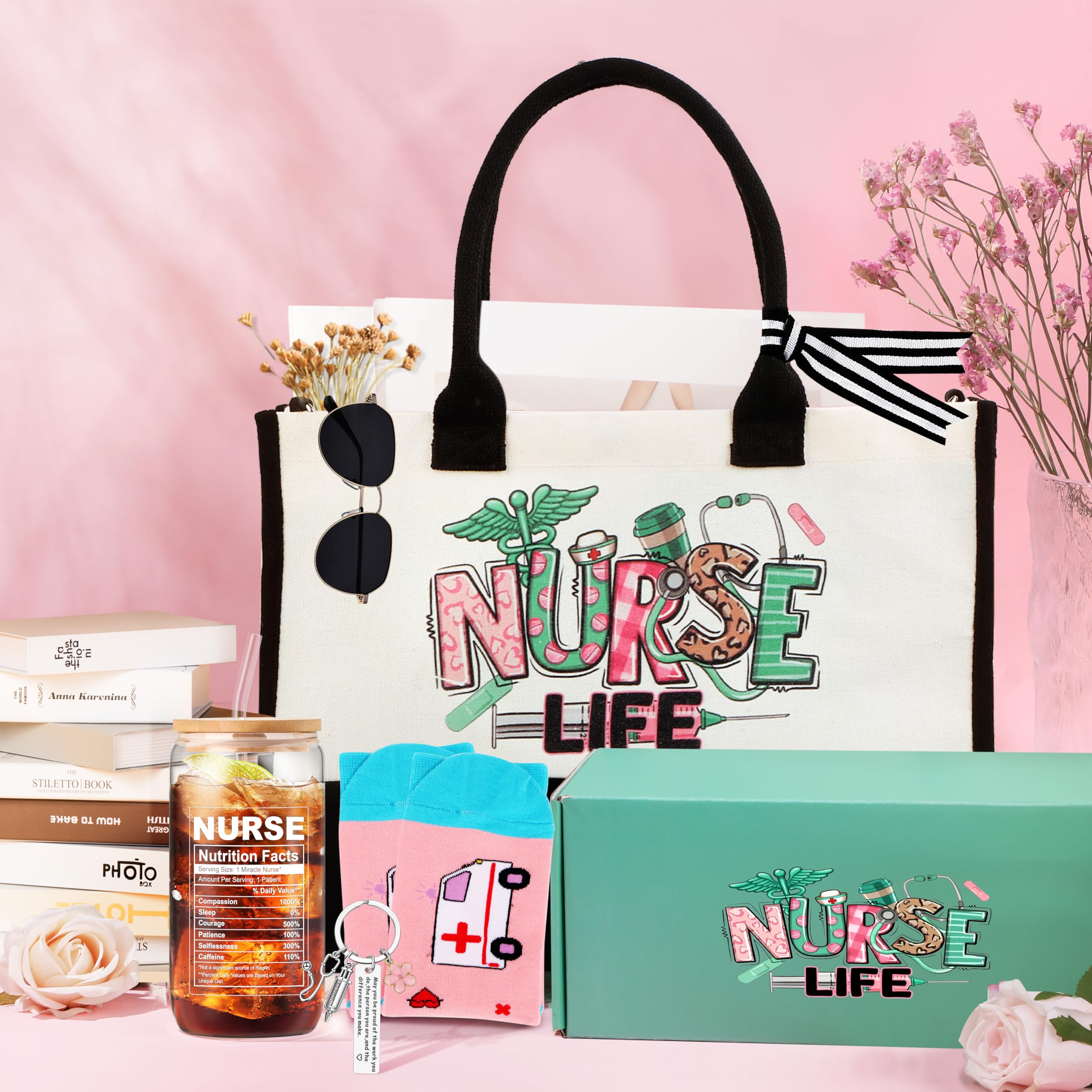 Nurse Gifts for Women Nurse Appreciation Gifts Set Nurses Week Gifts Set Nurse Graduation Gifts Nurse Christmas Gifts Nurse Gift Box for Women Nurse Canvas Beach Bag Socks Keychain 16 Oz Can Glass