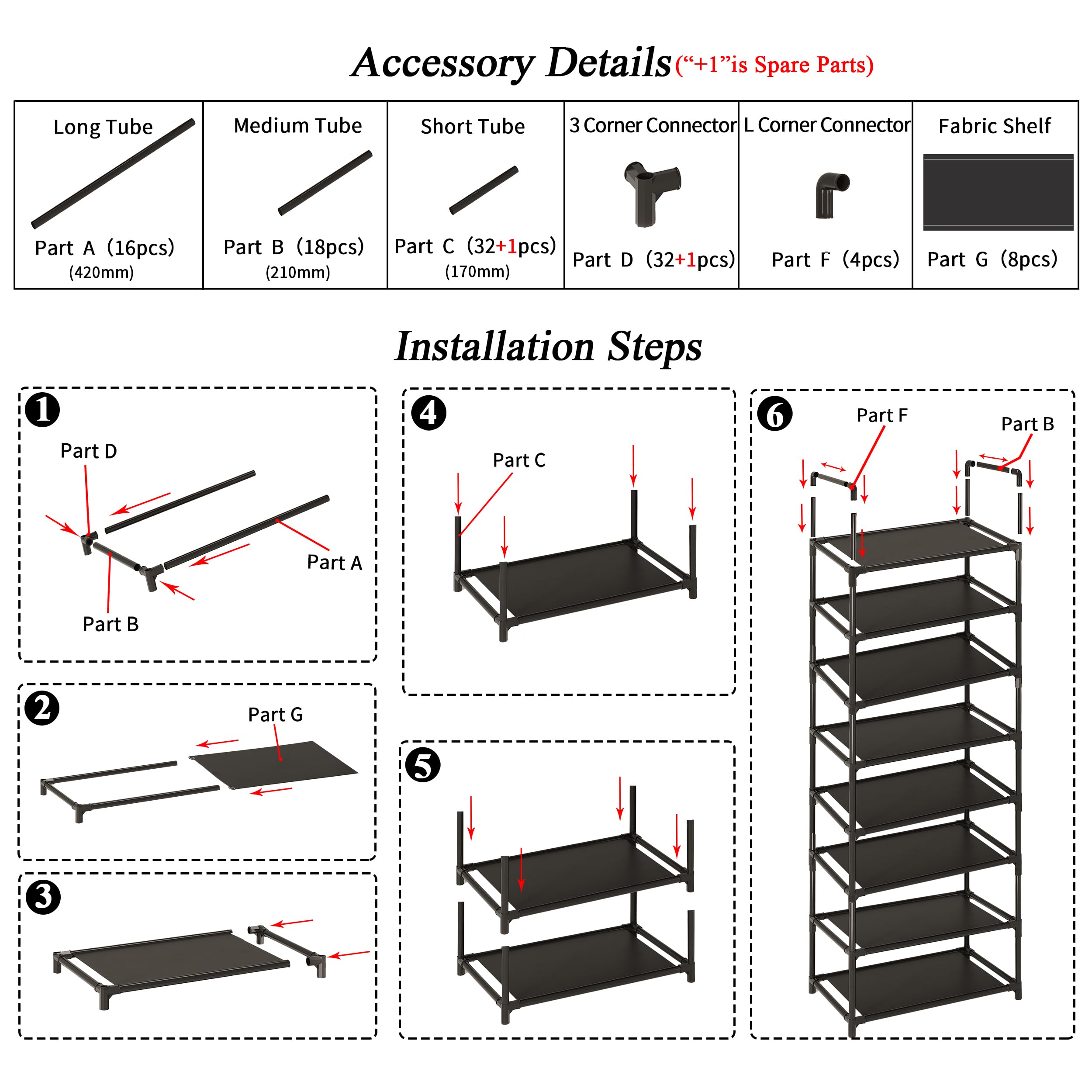 MUAHRCE 8-Tier Tall Shoe Rack for Closet, Entryway, Adjustable Sturdy Durable Shoe Shelf,Narrow Shoe Stand Organizer (18" W×10" D×58" H,Black)