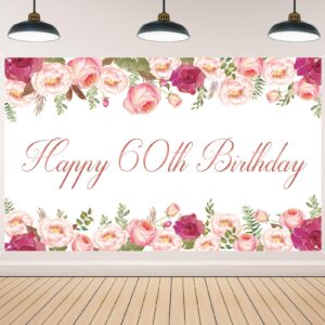 vlipoeasn elegant white happy 60th birthday decorations for women rose gold flower peony photography backdrop for 60th birthday party surprise for mother cheers to 60 years old birthday party supplies