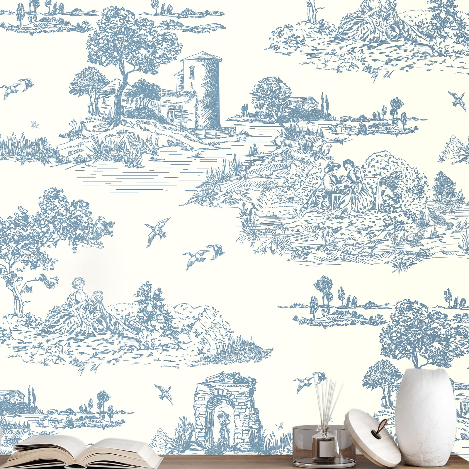 WENMER Toile Peel and Stick Wallpaper 17.7” X 118” Blue and White Wallpaper Blue Contact Paper Removable Vintage Chinoiserie Wallpaper French Wallpaper for Bedroom Living Room