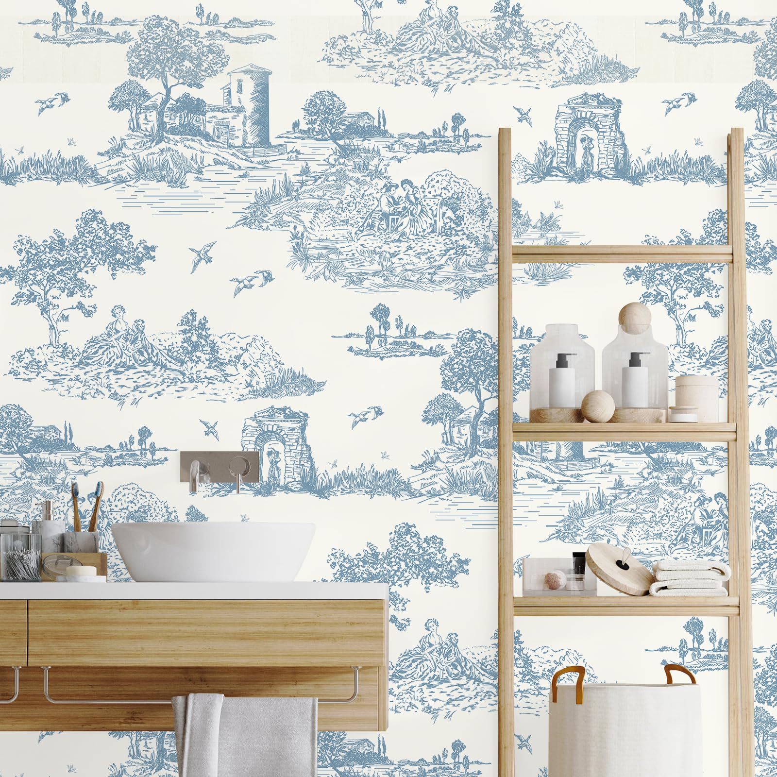 WENMER Toile Peel and Stick Wallpaper 17.7” X 118” Blue and White Wallpaper Blue Contact Paper Removable Vintage Chinoiserie Wallpaper French Wallpaper for Bedroom Living Room