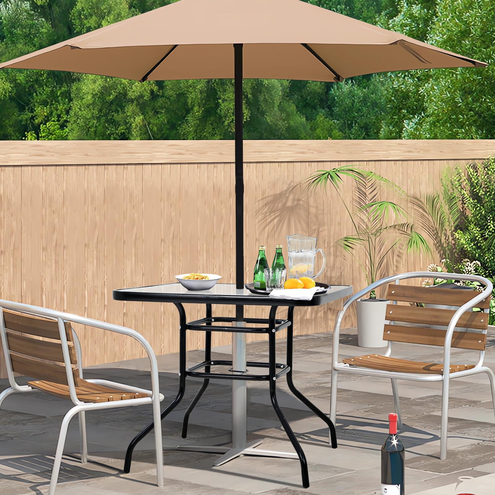 Dkelincs Outdoor Dining Table with Umbrella Hole 31.6" Square Patio Table Outdoor Furniture Garden Table Tempered Glass Patio Bistro Table for Balcony Backyard Lawn and Garden, Black