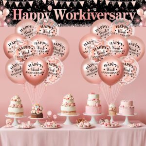 Happy Work Anniversary Decorations Banner Rose Gold Happy Workiversary Banner Yard Sign with 18 Pcs Balloons for Office Anniversary Party Decoration Employee Appreciation Banner Office Party Supplies