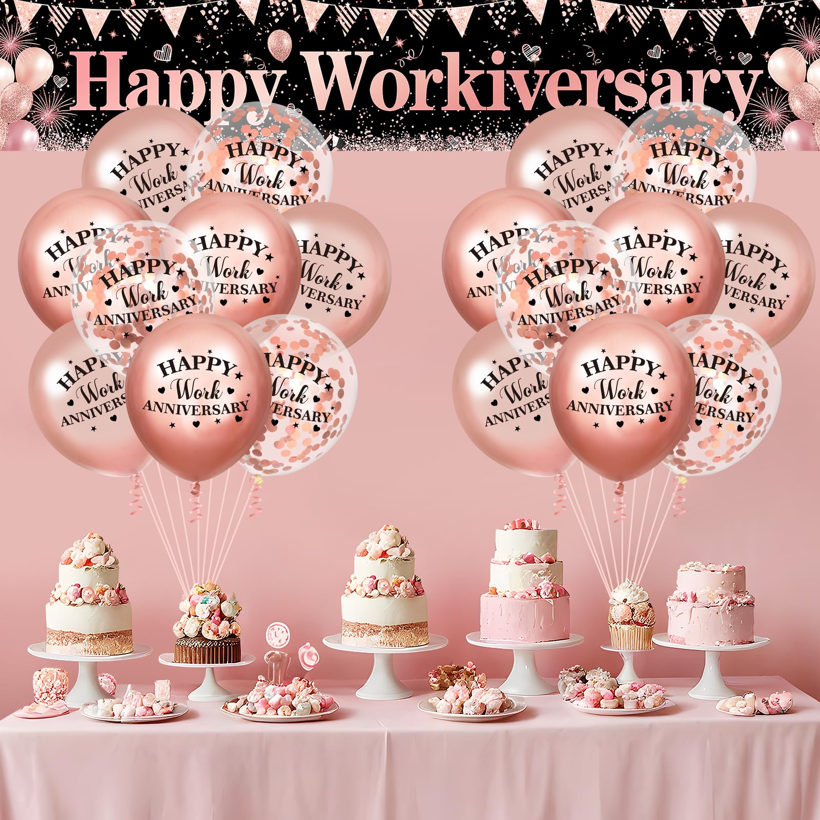 Happy Work Anniversary Decorations Banner Rose Gold Happy Workiversary Banner Yard Sign with 18 Pcs Balloons for Office Anniversary Party Decoration Employee Appreciation Banner Office Party Supplies