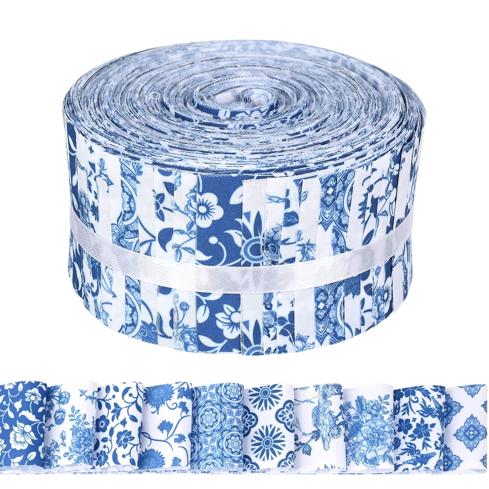 Bolsome 50Pcs Chinoiserie Jelly Polyester Fabric Roll White Blue Floral Quilting Strips Assorted Patterns Patchwork Craft Sewing Supplies for Quilters and Sewing Crafts, 39.37 × 2.55 Inch