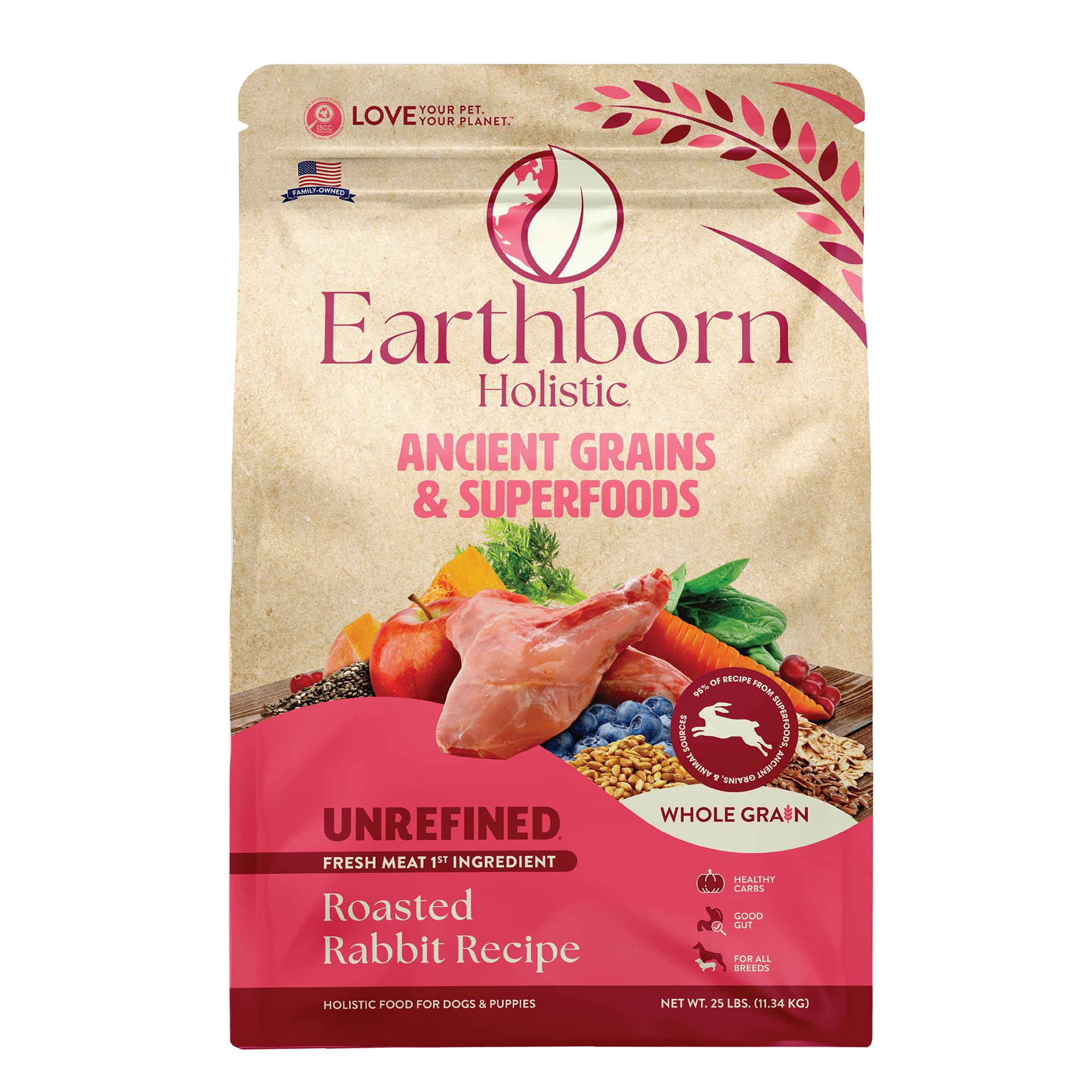 Earthborn Holistic Unrefined Roasted Rabbit with Ancient Grains & Superfoods Dry Food for Dogs & Puppies (25 lb. Bag)