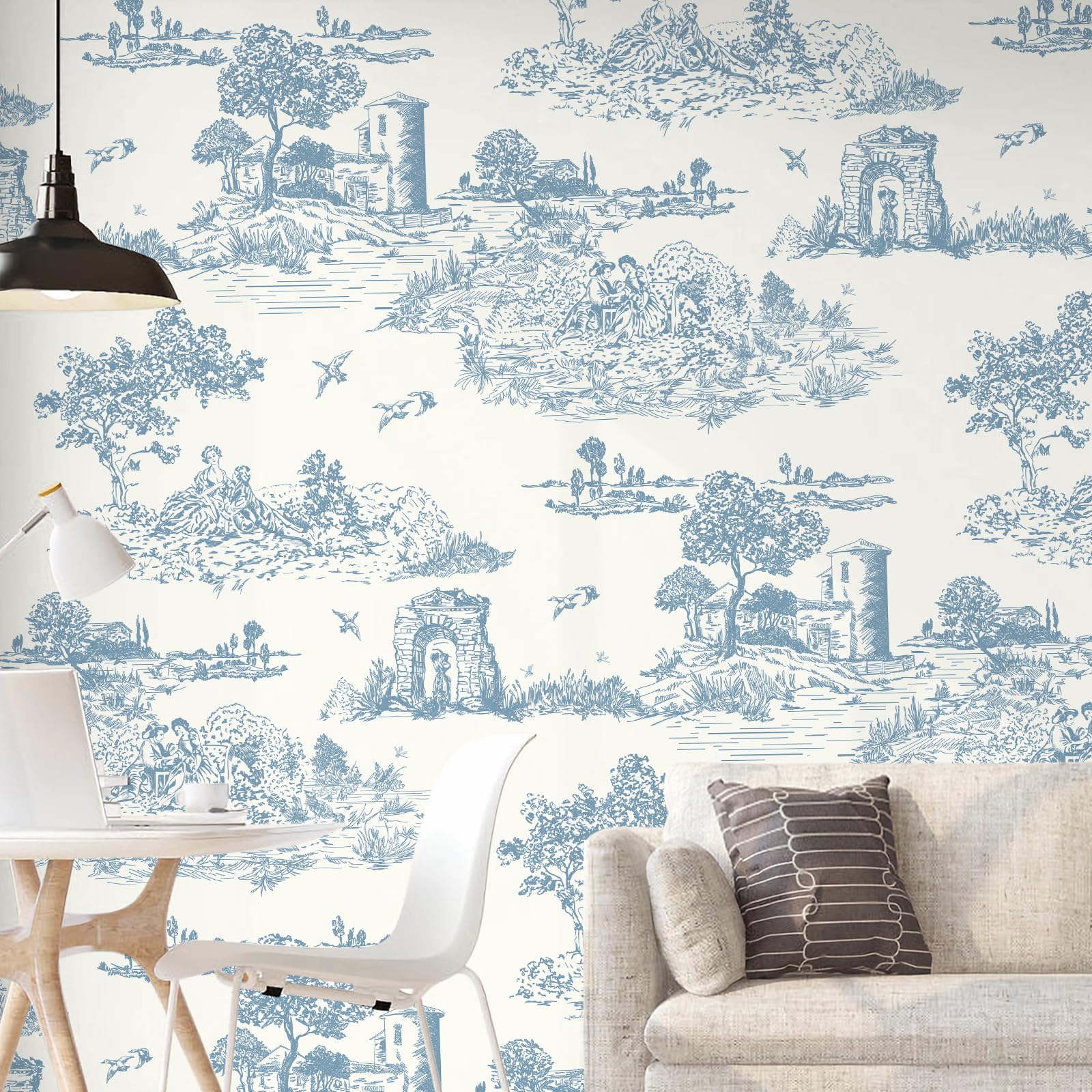 WENMER Toile Peel and Stick Wallpaper 17.7” X 118” Blue and White Wallpaper Blue Contact Paper Removable Vintage Chinoiserie Wallpaper French Wallpaper for Bedroom Living Room