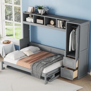 softsea full size murphy bed with desk, cabinet murphy bed with storage drawers, closet, shelves and cabinet, wood foldable bed murphy bed for bedroom guest room home office, gray