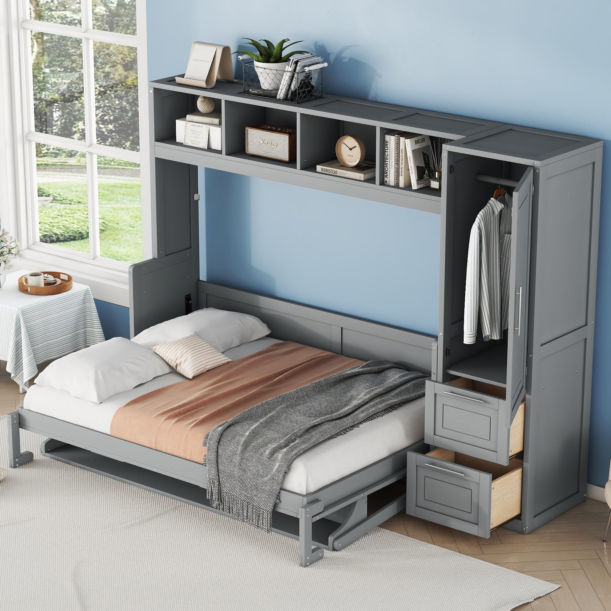 SOFTSEA Full Size Murphy Bed with Desk, Cabinet Murphy Bed with Storage Drawers, Closet, Shelves and Cabinet, Wood Foldable Bed Murphy Bed for Bedroom Guest Room Home Office, Gray