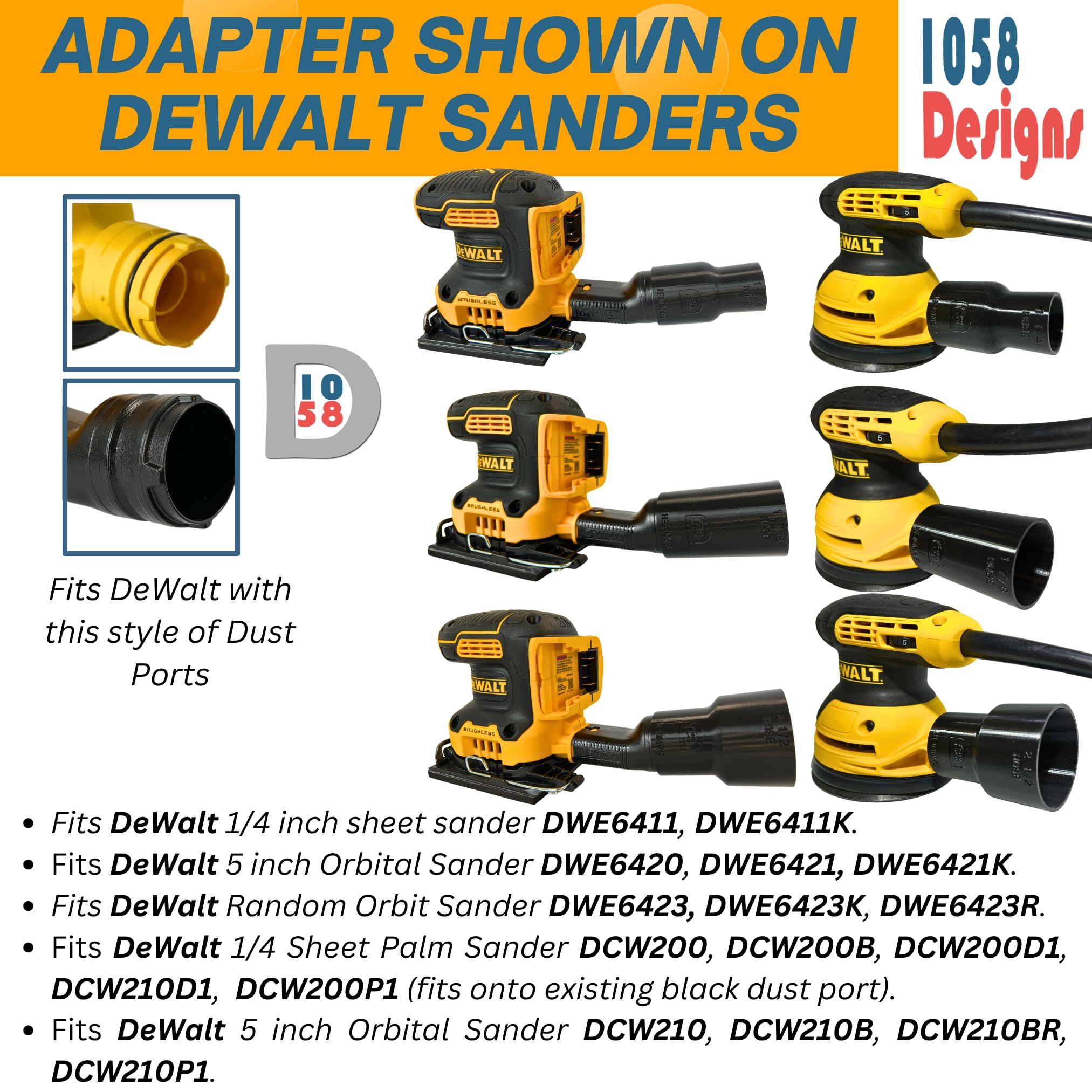 1058 Designs - Sander Vacuum Adapter for DeWalt or Craftsman Sanders - Shop Vac Attachment for Dust Collection (2-1/2")