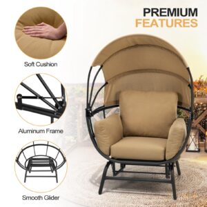 Crestlive Products Egg Chair Outdoor Indoor, Glider Chair with Folding Canopy, All Weather Aluminum Oversized Lounge Chair w/Cushion & Sun Shade Cover for Living Room, 350lbs Capacity (Black&Tan