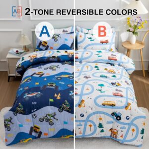 A Nice Night 5Pcs Bed in A Bag Cartoon Cartoon Car Kids Comforter Set Construction Bedding Set, Race Car Motorcycle Truck Pickup Printed, Twin,Dark Blue