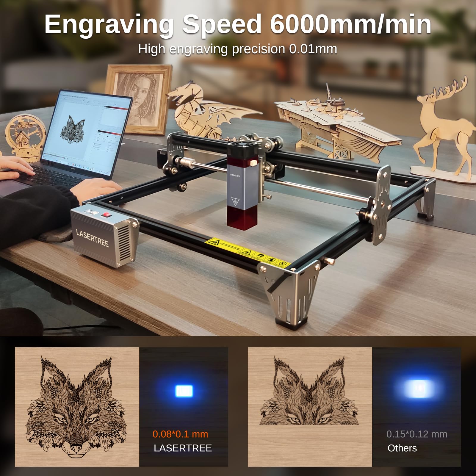 LASER TREE 80W Laser Engraver, 10000mW(10W) Laser Output Laser Engraving Cutter with Air Assist Pump & Magnetic Pad Kit, Built-in FAC, Eye Protection Laser Engraver for Wood Acrylic, Leather, Class 4