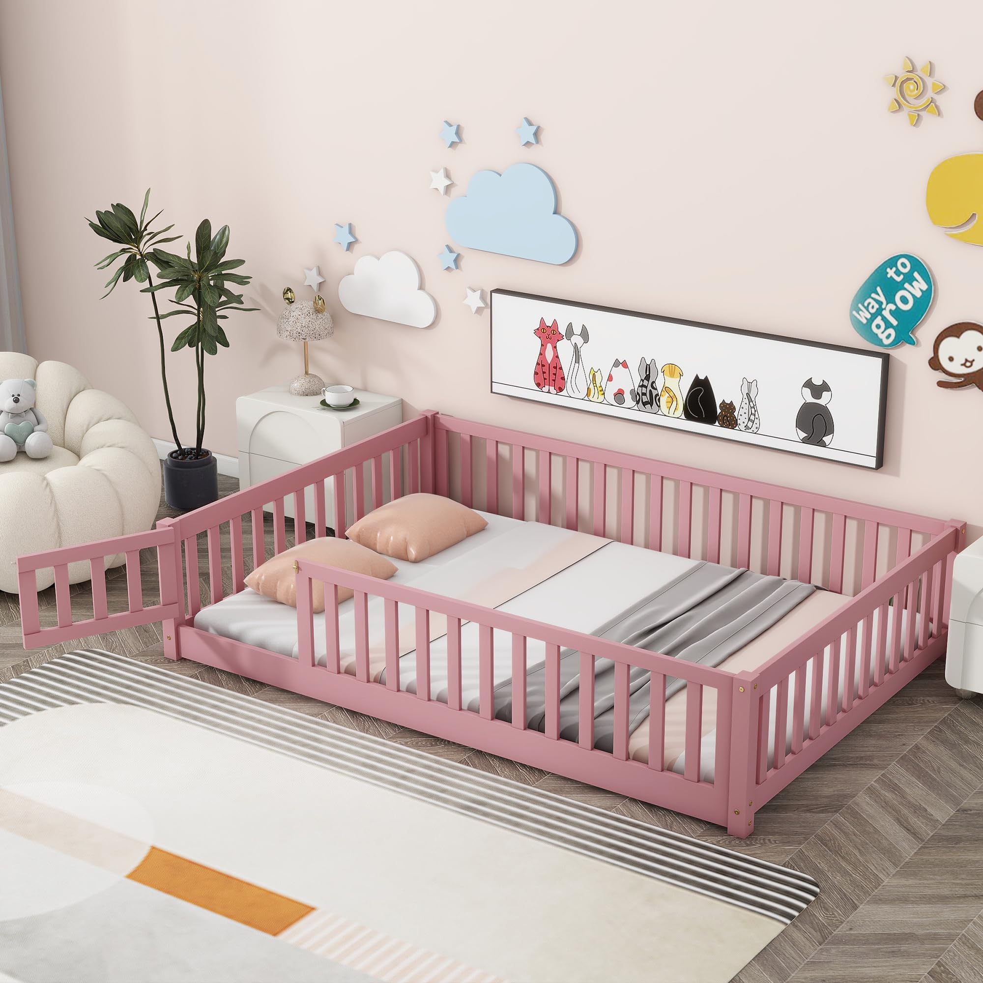 Harper & Bright Designs Full Size Floor Bed Montessori Bed Frame with Fence and Door, Wooden Full Platform Bed for Kids, Boys Girls, Slats Included, No Box Spring Needed (Full, Pink)