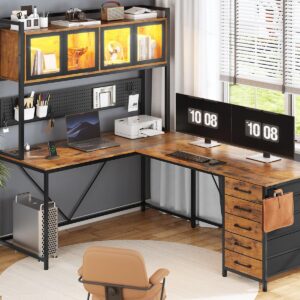 SEDETA L Shaped Gaming Desk with Drawers, L Shaped Computer Desk with Hutch and Storage Shelves, Gaming Desk with Pegboard, Led Lights, and Power Outlet, Home Office Desk, Corner Desk, Rustic Brown