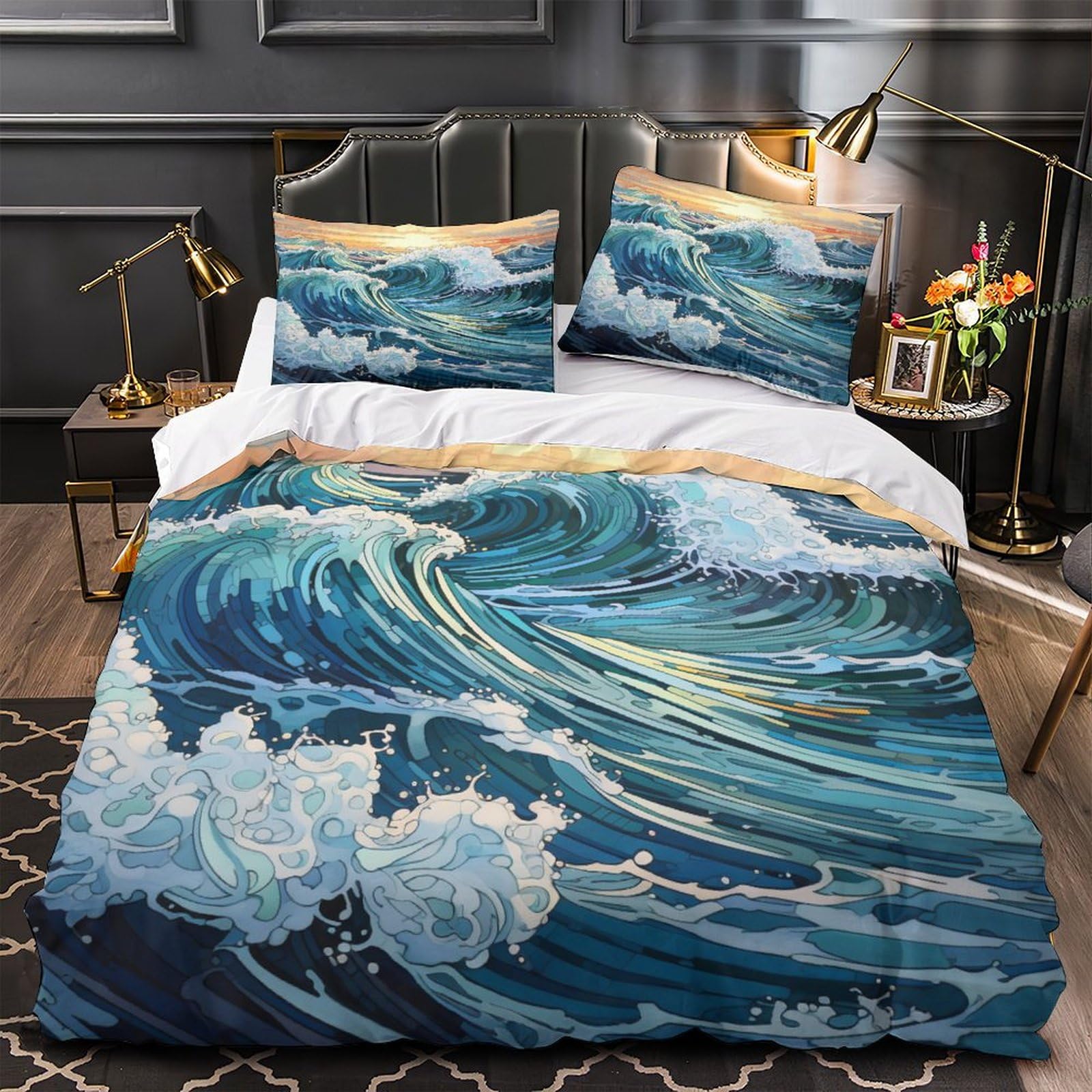 LITINGZHILONG Big Wave Bed 3-Piece Set Japanese Ocean Boat Japan Mount Fuji Ocean Wave Sunset Sun Asian Art Room Bedroom Bed Personalized Japanese Style Theme Bed Quilt Cover Twin