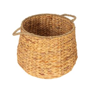 household essentials round handwoven water hyacinth and seagrass basket with handles, natural