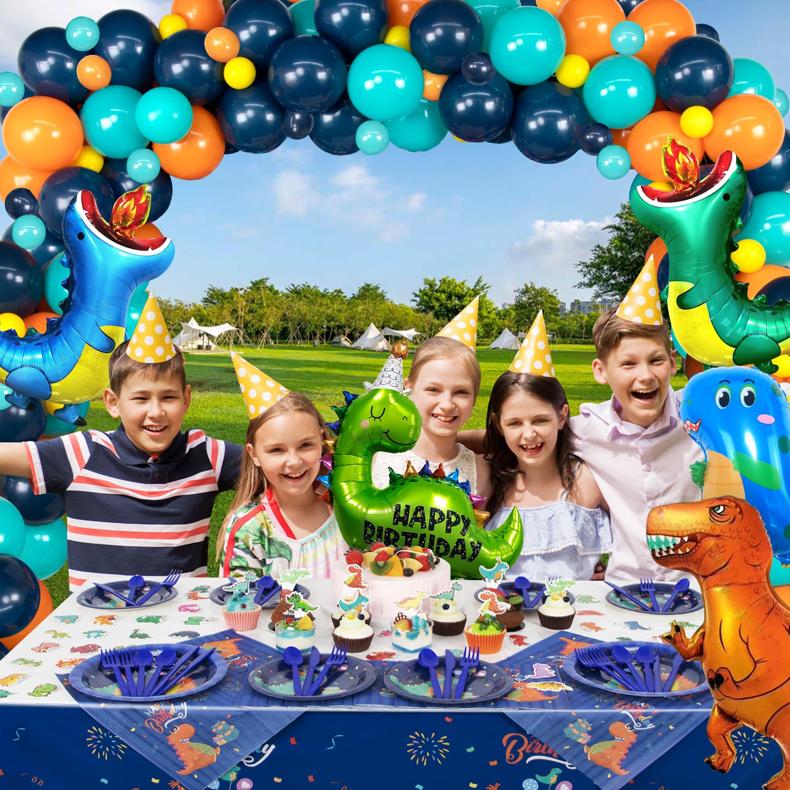 HJINGY 140 PCS Dinosaur Birthday Party Decorations, Blue Dinosaur Party Decorations for Boys Includes Dinosaur Balloons, Customized Backdrop, Tablecloth for Dinosaur Baby Shower Decorations