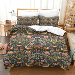 litingzhilong william morris floral bed 3 piece set, vintage flower strawberry bird vintage bohemian plant vintage theme bed cover, 2 pillowcases 1 duvet cover bedding bohemia queen