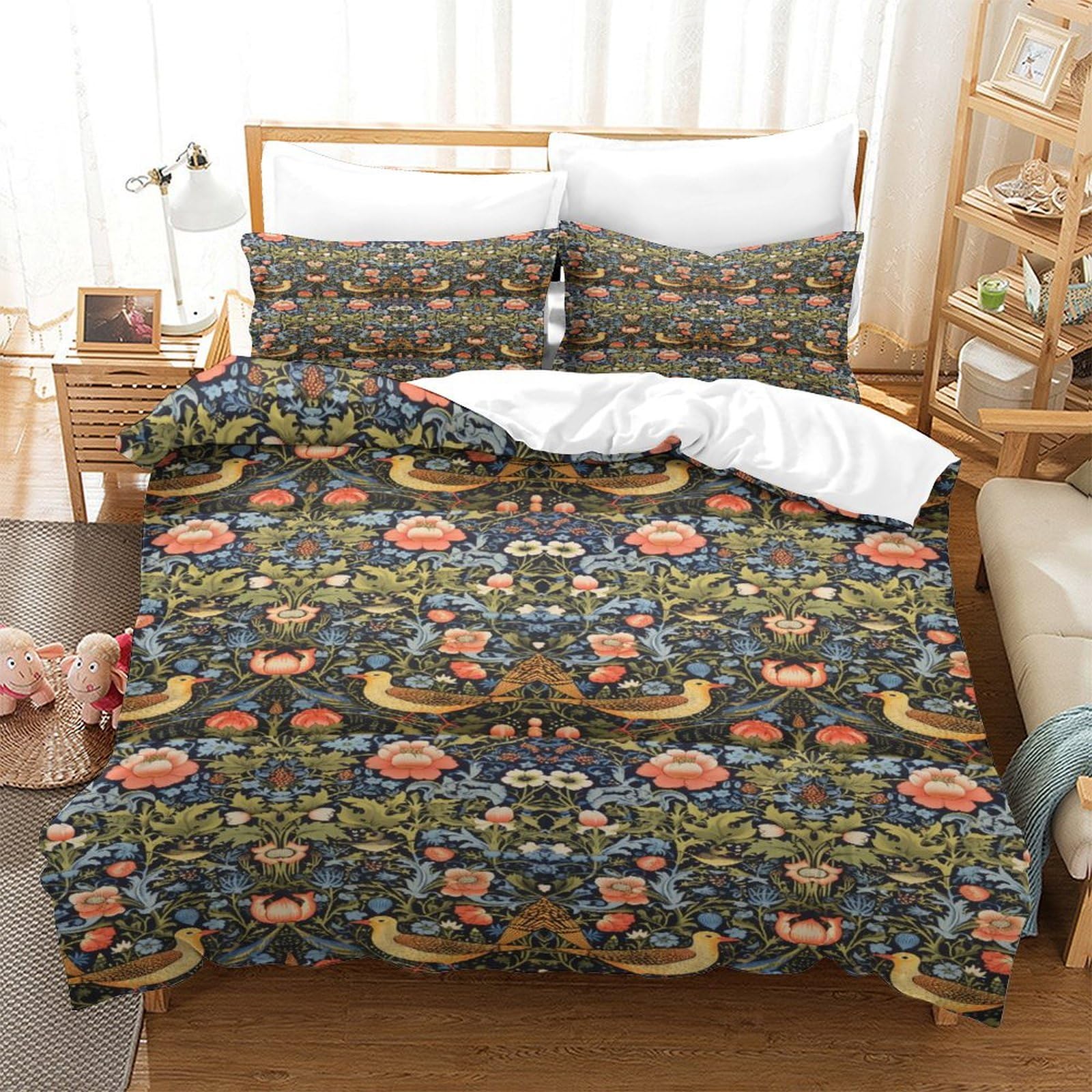 LITINGZHILONG William Morris Floral Bed 3 Piece Set, Vintage Flower Strawberry Bird Vintage Bohemian Plant Vintage Theme Bed Cover, 2 Pillowcases 1 Duvet Cover Bedding Bohemia Queen