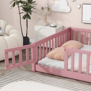 Harper & Bright Designs Full Size Floor Bed Montessori Bed Frame with Fence and Door, Wooden Full Platform Bed for Kids, Boys Girls, Slats Included, No Box Spring Needed (Full, Pink)