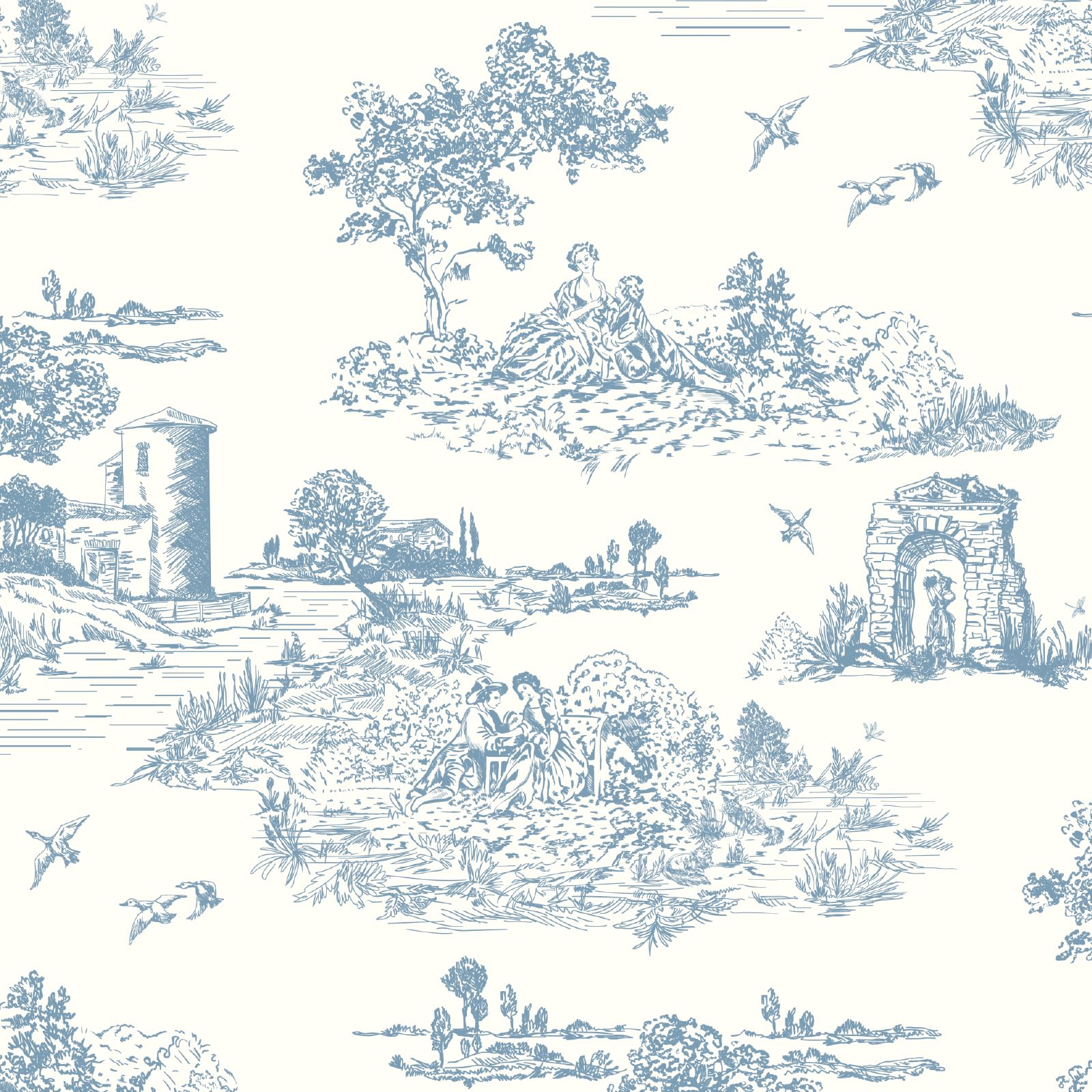 WENMER Toile Peel and Stick Wallpaper 17.7” X 118” Blue and White Wallpaper Blue Contact Paper Removable Vintage Chinoiserie Wallpaper French Wallpaper for Bedroom Living Room