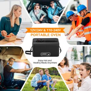 Portable Oven, 12V 24V 110V-240V Car Food Warmer Portable Personal Mini Oven Electric Heated Lunch Box for Meals Reheating & Raw Food Cooking for Road Trip/Camping/Picnic/Family Gathering(Black)