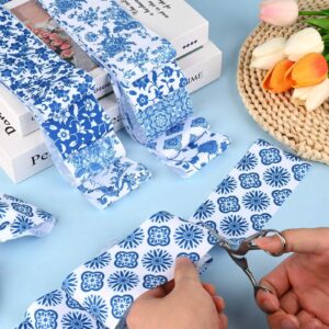 Bolsome 50Pcs Chinoiserie Jelly Polyester Fabric Roll White Blue Floral Quilting Strips Assorted Patterns Patchwork Craft Sewing Supplies for Quilters and Sewing Crafts, 39.37 × 2.55 Inch