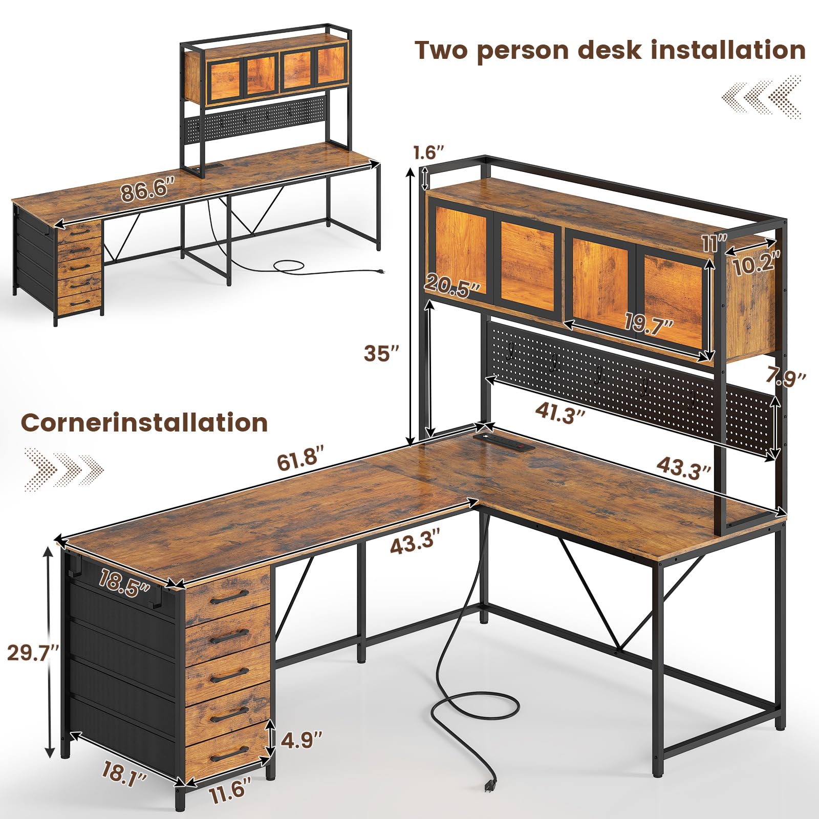 SEDETA L Shaped Gaming Desk with Drawers, L Shaped Computer Desk with Hutch and Storage Shelves, Gaming Desk with Pegboard, Led Lights, and Power Outlet, Home Office Desk, Corner Desk, Rustic Brown