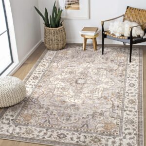 eieihouse washable area rugs for living room - 5x7 neutral vintage distressed floral farmhouse boho large soft floor rug indoor non slip carpet for living room bedroom dining room office - grey