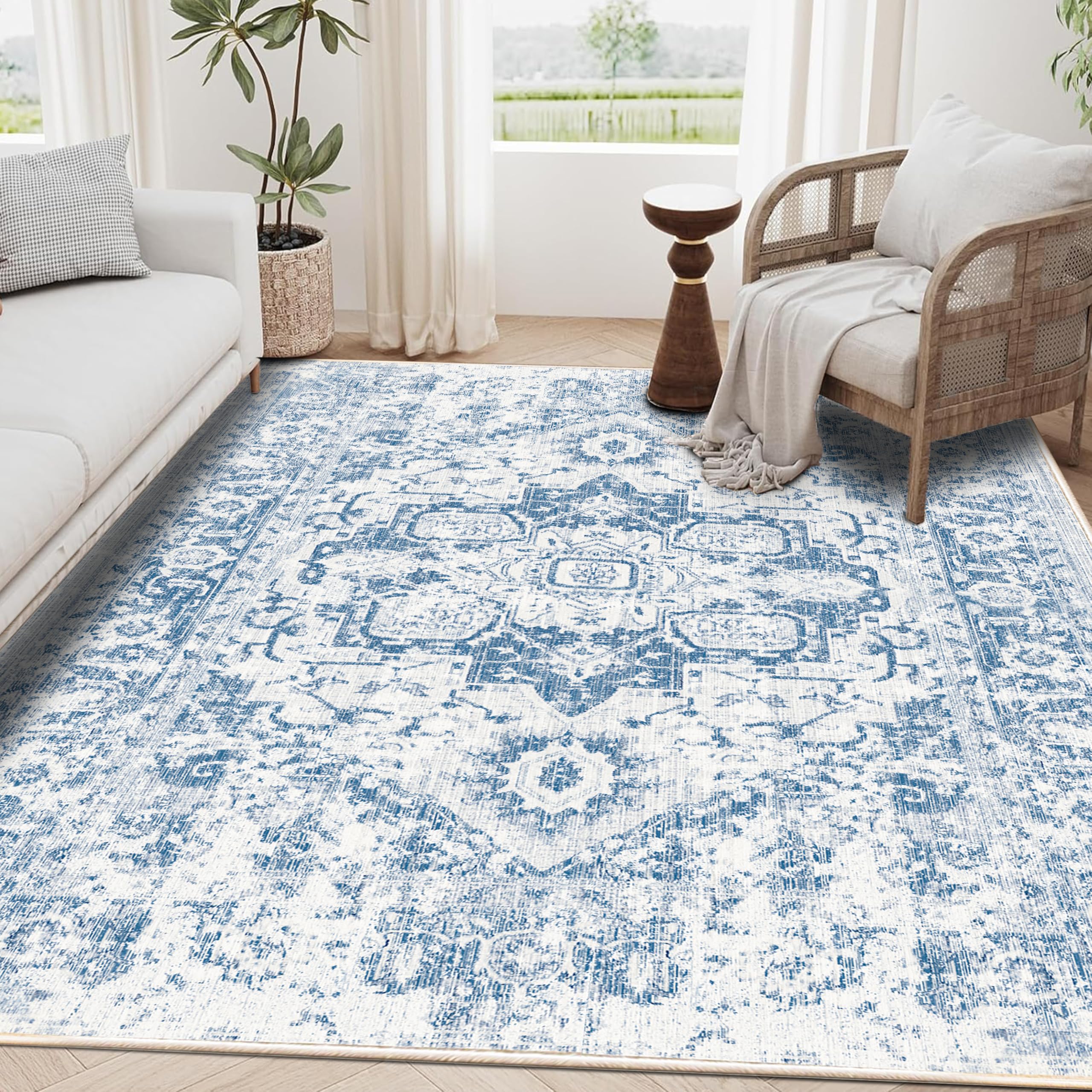 FAIOKAVER Soft Thin Washable Vintage Area Rug - 5X7 Large Boho Blue Bedroom Rug Entry Mat,Vintage Non-Slip Non-Shedding Low Pile Indoor Throw Carpet for Laundry Living Room