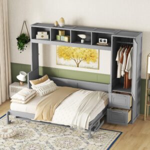 Queen Size Murphy Bed Wall with Closet and Drawers, Gray