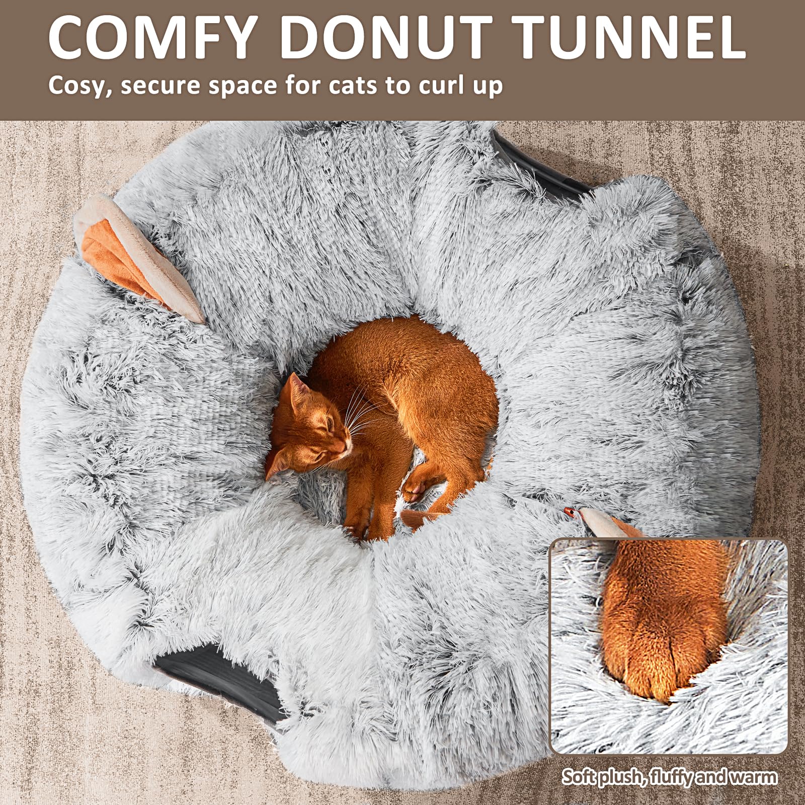 NEZIN Cat Tunnel with Cat Bed for Indoor Cats, Under Christmas Tree Plush Peekaboo Cat Cave, Multifunctional Cat Donut Tunnel Playground Toys for Cats Kitten Rabbit Ferret, Grey