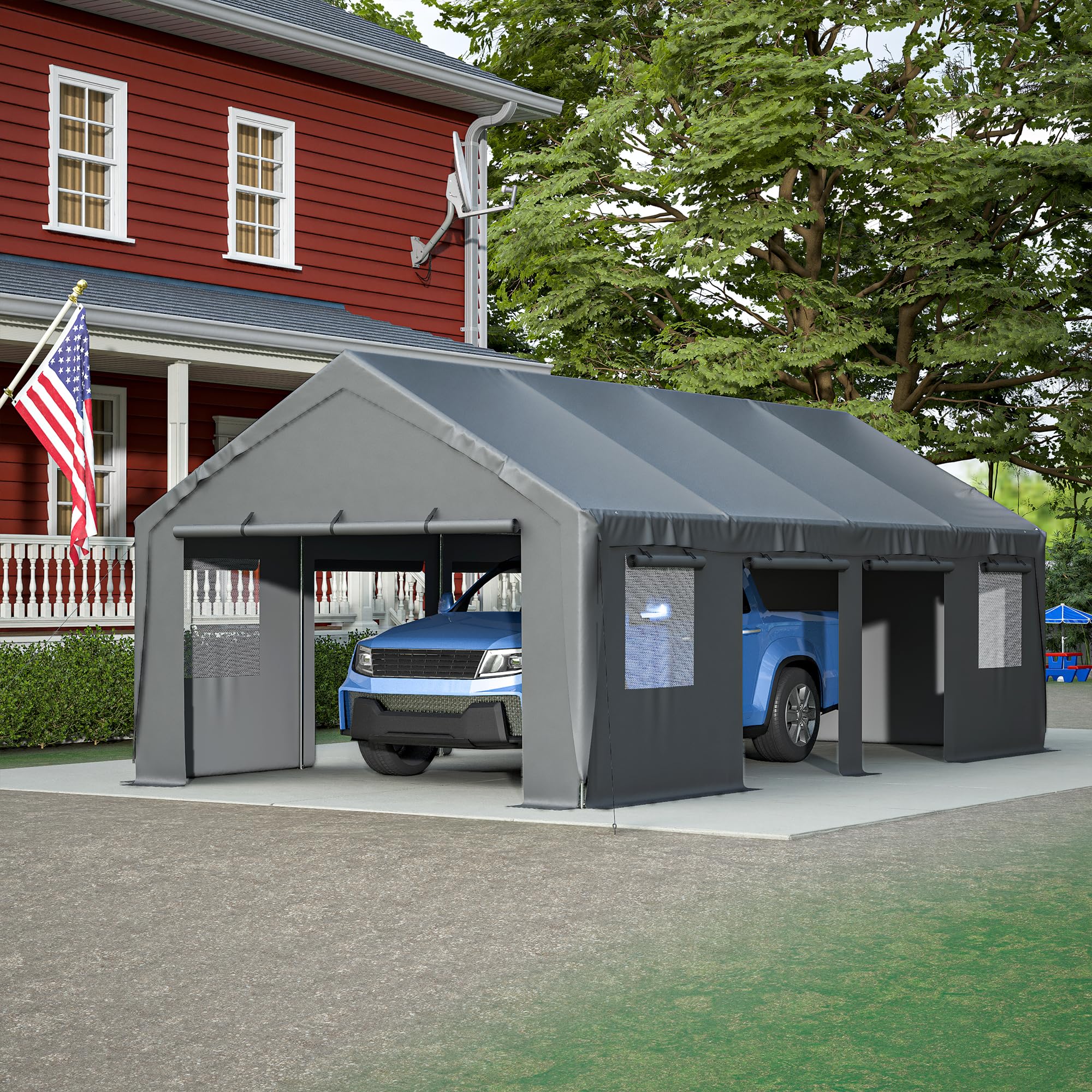 Thanaddo Carport 13'x 25' Heavy Duty Car Port with Roll-up Sidewall and Ventilated Windows with Removable Sidewalls,Portable Outdoor Garage for Car,Truck,Boat,Car Canopy,Gray Carports