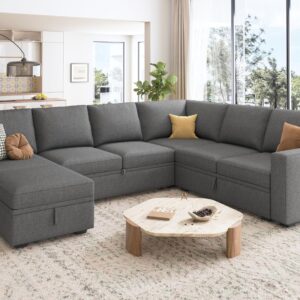 HONBAY Modular Sectional Sleeper Sofa with Pull Out Bed, U Shaped Sectional Couch with Storage Ottoman Convertible 7-Seater Sofa, Dark Grey