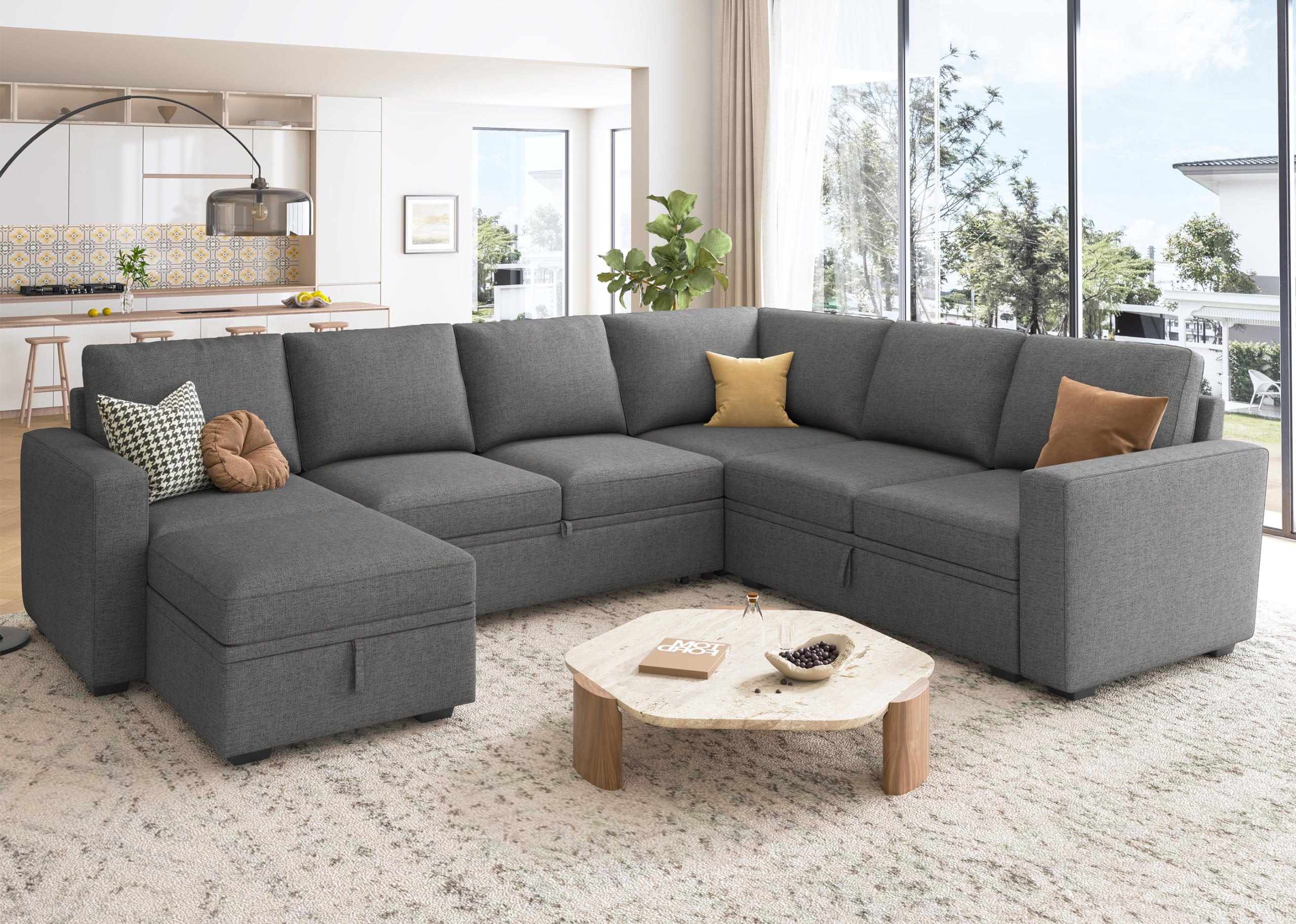 HONBAY Modular Sectional Sleeper Sofa with Pull Out Bed, U Shaped Sectional Couch with Storage Ottoman Convertible 7-Seater Sofa, Dark Grey