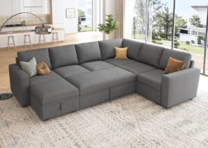 honbay modular sectional sleeper sofa with pull out bed, u shaped sectional couch with storage ottoman convertible 7-seater sofa, dark grey