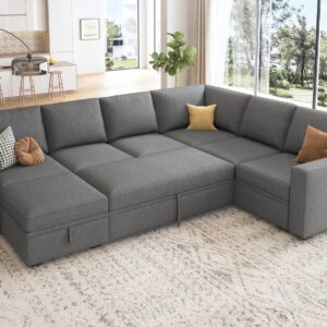 HONBAY Modular Sectional Sleeper Sofa with Pull Out Bed, U Shaped Sectional Couch with Storage Ottoman Convertible 7-Seater Sofa, Dark Grey