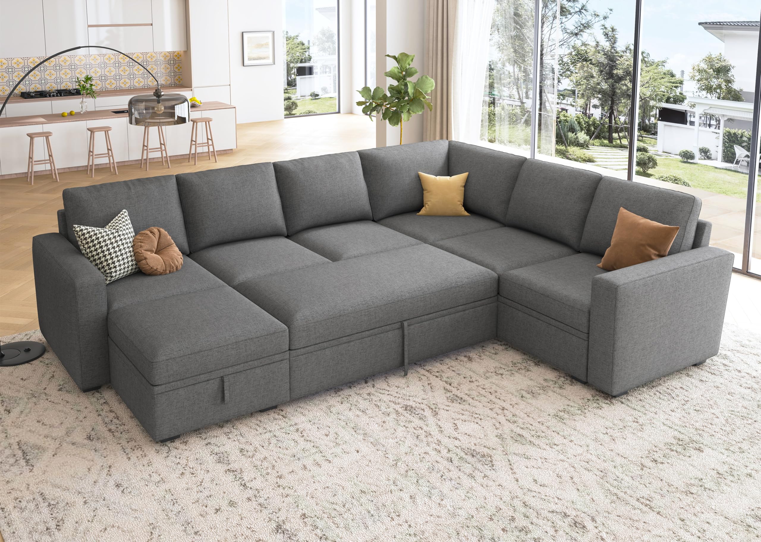 HONBAY Modular Sectional Sleeper Sofa with Pull Out Bed, U Shaped Sectional Couch with Storage Ottoman Convertible 7-Seater Sofa, Dark Grey