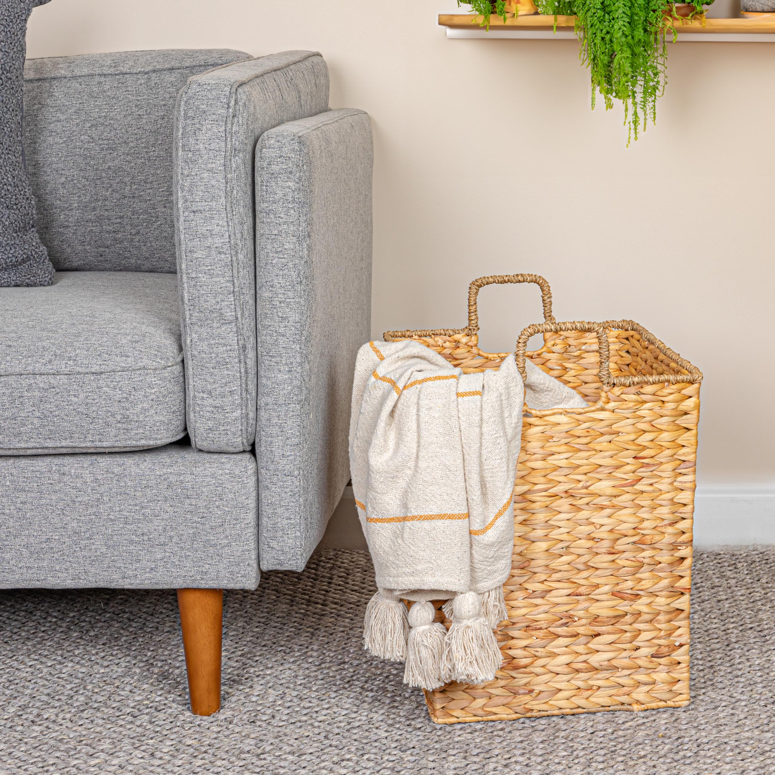 Household Essentials Square Handwoven Water Hyacinth and Seagrass Basket with Handles, Natural